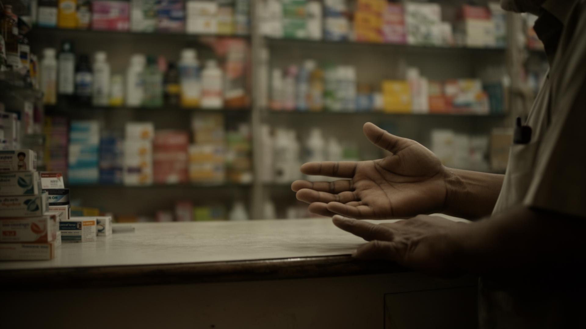 Hands gesturing at a medical store counter