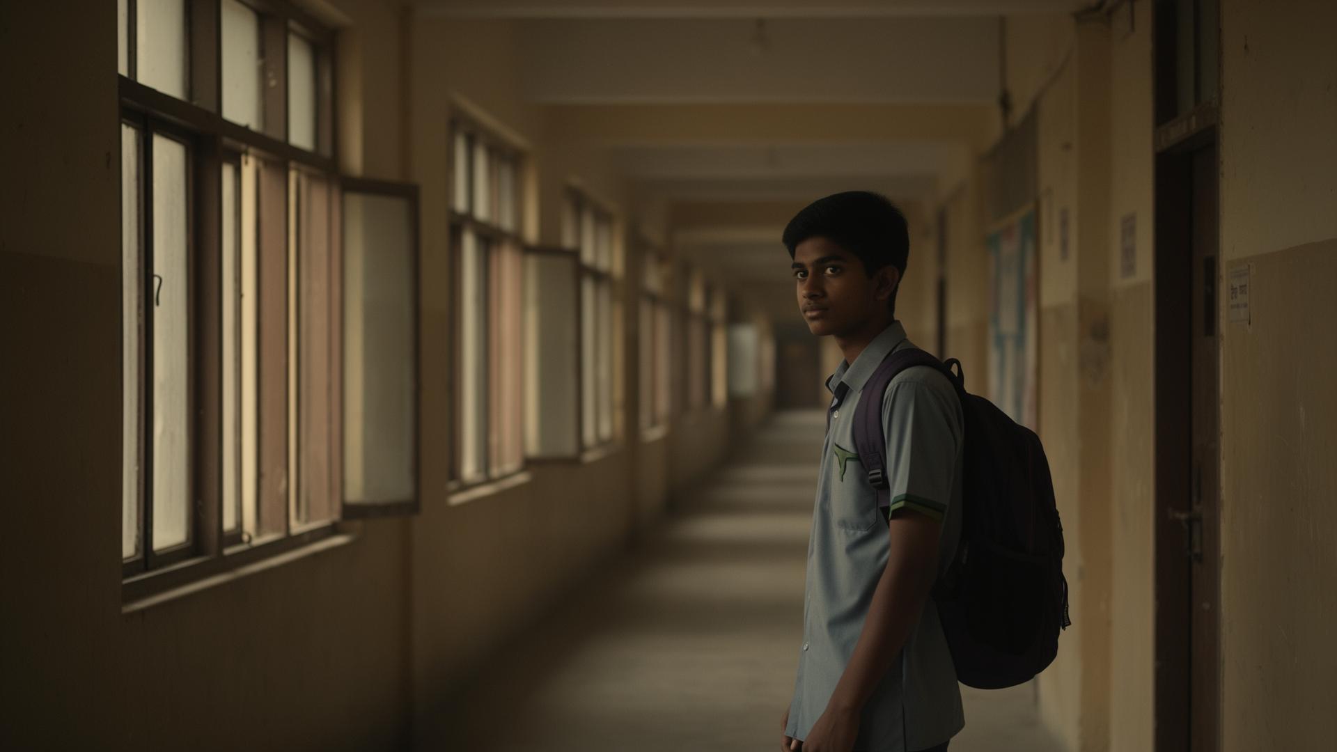 Student standing alone in a college corridor